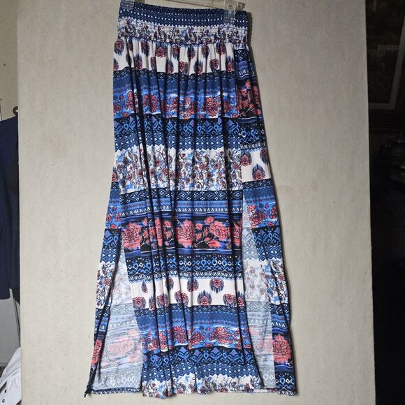 Joe B Soft Maxi Skirt Women's Size Large Double Slit White Blue Floral Cute Chic - Picture 1 of 8